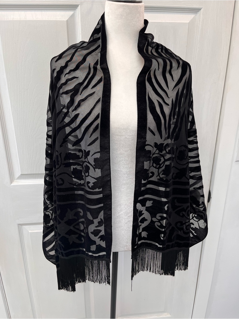 Black Velvet Burnout Scarf Wrap Whimsigoth Glitter Fringe Ethereal Gothic